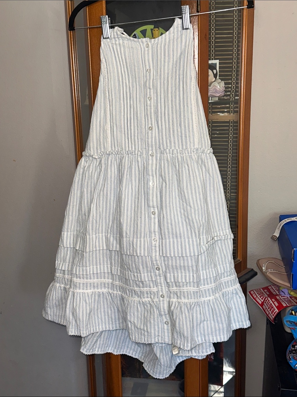 Free People White and Light Blue Striped Tiered Button-Front Dress